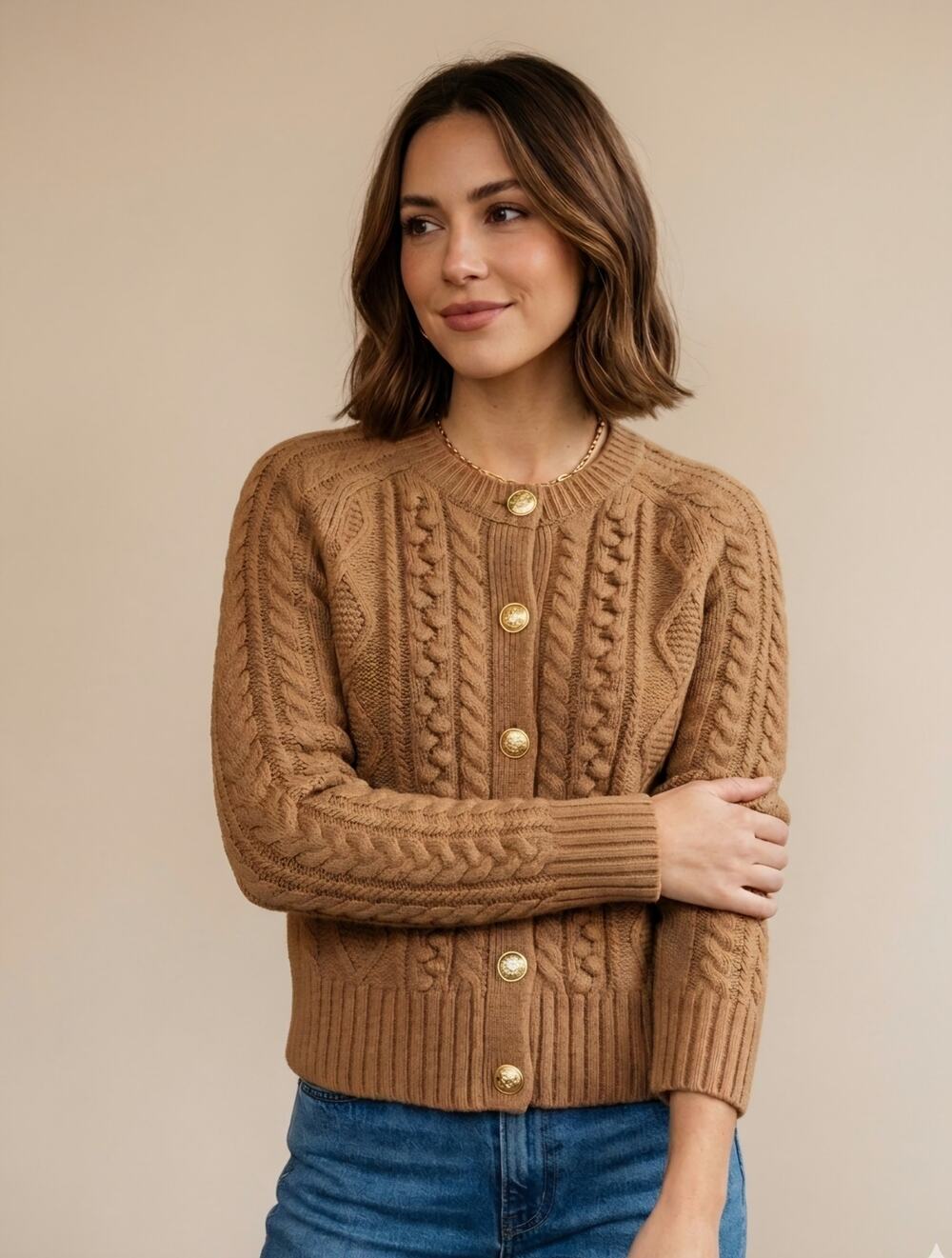 J.Crew Cable Knit Cardigan Size S Heather Acorn Color Lambs Wool Chunky Sweater